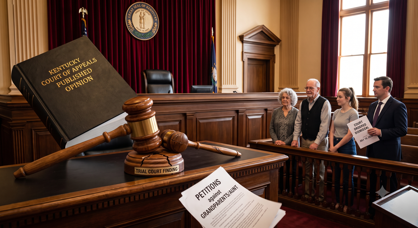 Kentucky Court of Appeals gavel and courtroom bench, symbolizing the published opinion reversing the family court abuse findings against the grandparents and aunt